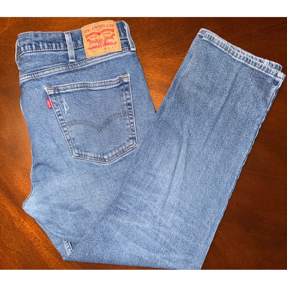 Levi 514 Men Jeans 38x30 Blue Straight Fit Some Distressing Medium Wash Denim